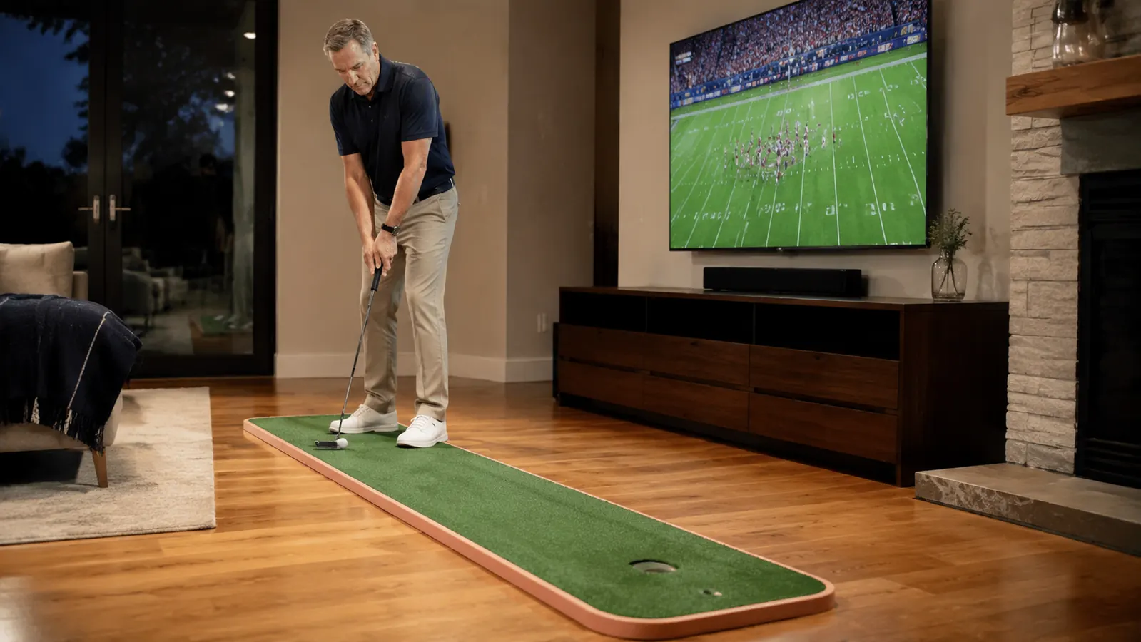 A putter making a short stroke on the putting mat in a living room while a football game plays on the TV