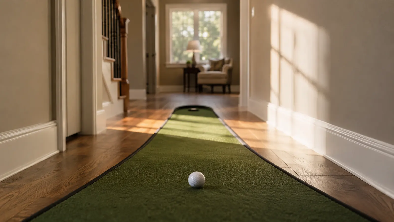 A golf ball resting on a green indoor putting mat stretched down a home hallway, soft morning light through a window