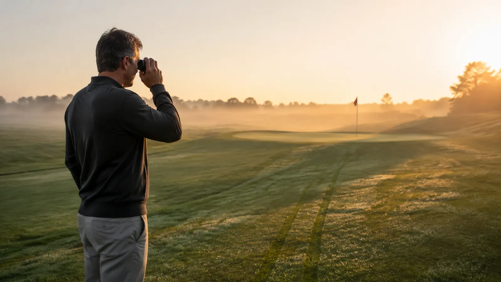 A golfer in his late 40s standing on a morning fairway holding a compact laser rangefinder up to one eye while a flag glints in the distance