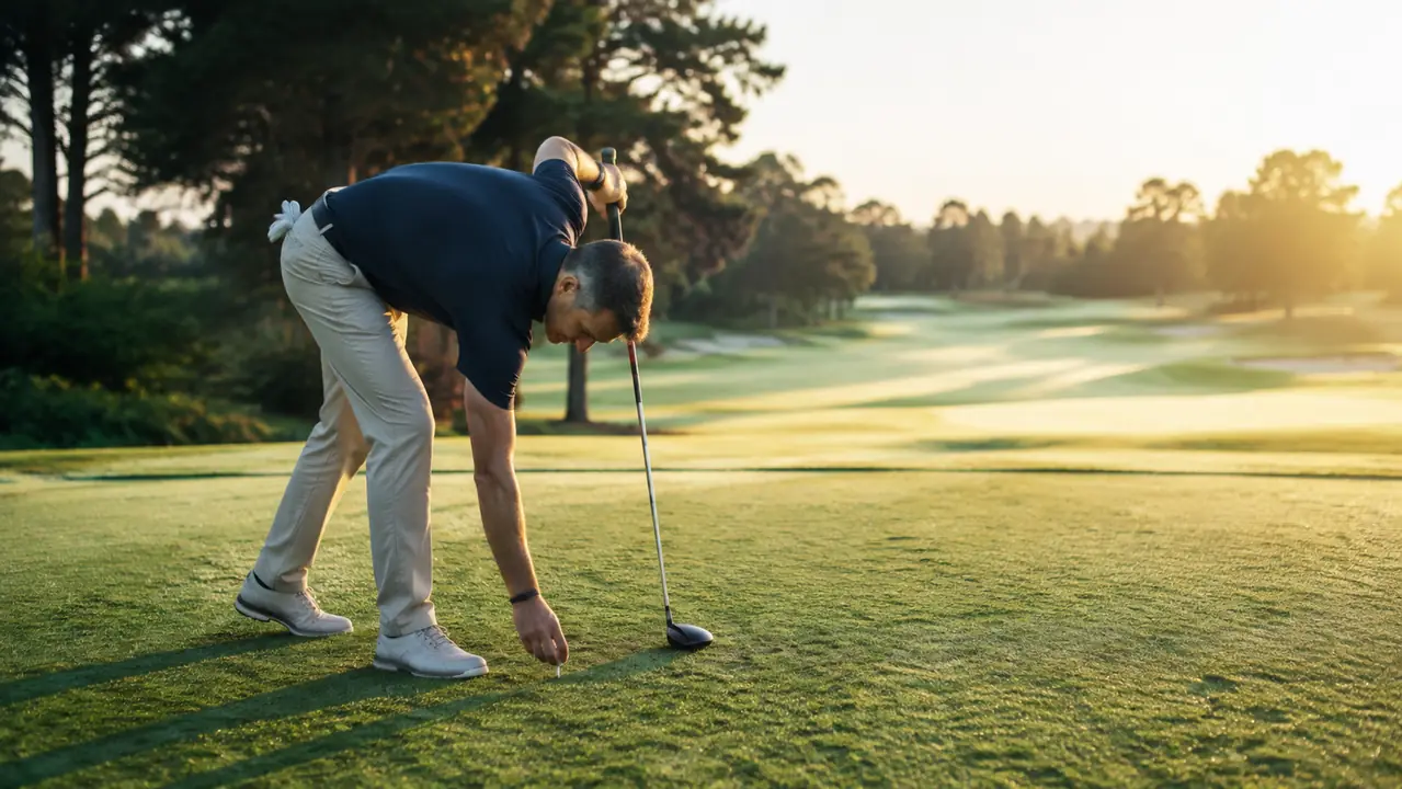 A golfer in his late 40s bending to tee up a soft golf ball on the first hole, soft morning light spilling across a manicured fairway