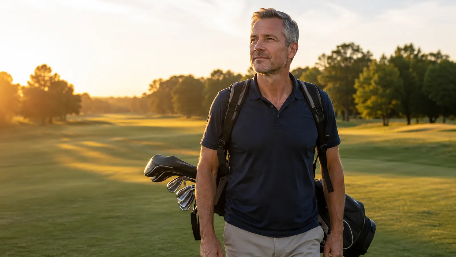 A golfer carrying a lightweight stand bag on both shoulders across a fairway in low morning light