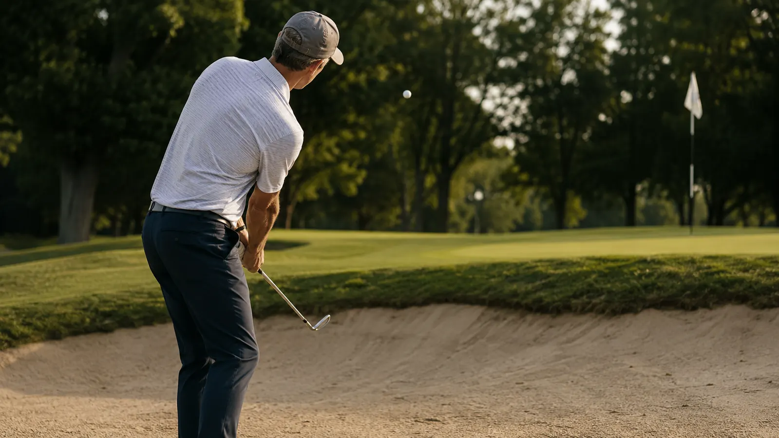 A golfer setting up to a pitch shot over a bunker lip next to a sand trap