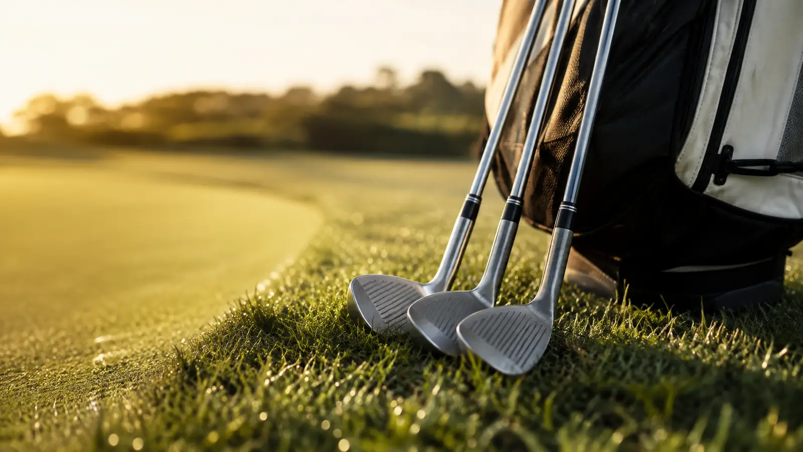 A matched set of three wedges leaning against a golf bag on the fairway fringe at golden hour