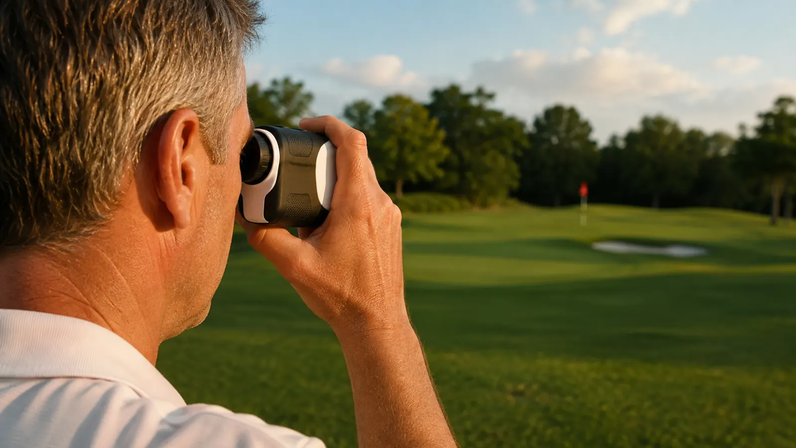 A golfer's hand raising a compact laser rangefinder to eye level on the fairway, aiming down the hole at a distant flag.