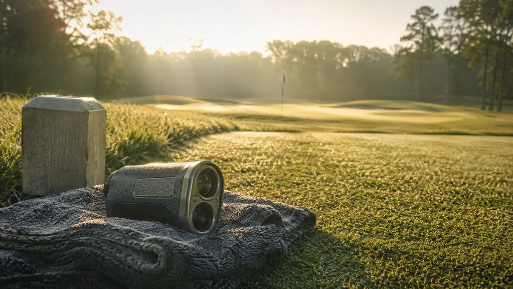 A laser rangefinder resting on a folded golf towel on the first tee, flagstick in the distance on a misty morning, dew on the fairway.