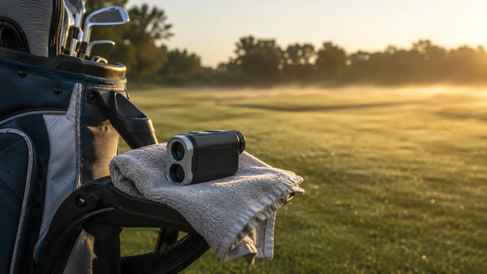 A rangefinder resting on a folded towel next to a golf bag on a dew-covered fairway in early morning light
