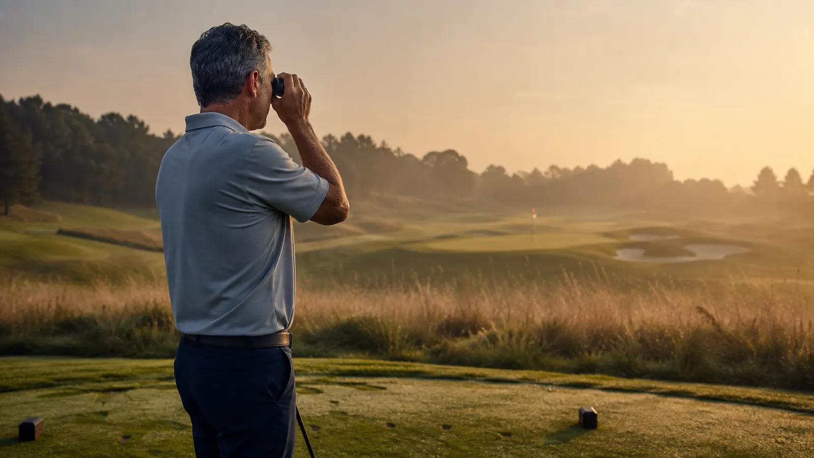 Golfer on a dawn fairway holding a compact laser rangefinder up to one eye, flag small in the distance, light mist over the grass