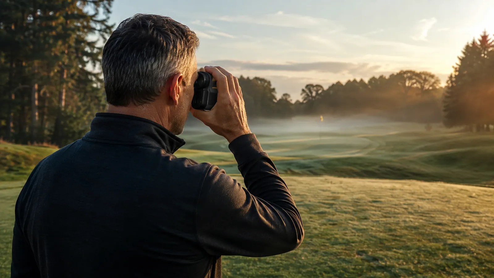Golfer on a misty tee box raising a laser rangefinder toward a flag at first light