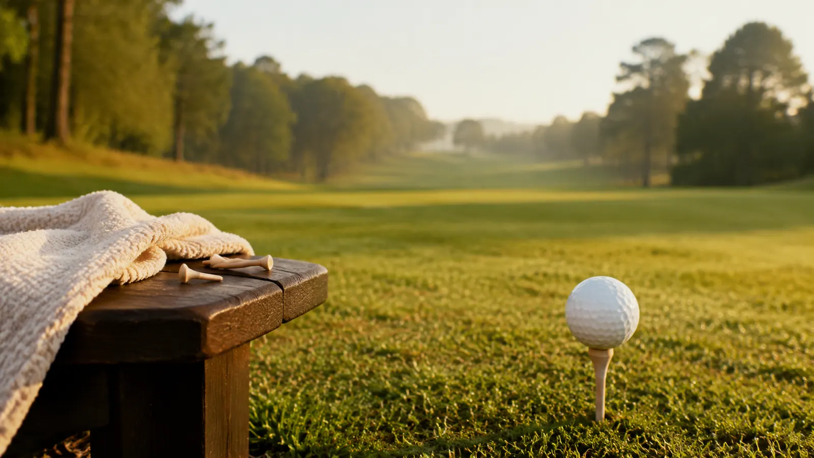 A golf ball sitting on a tee at the first hole, tees and a towel on the bench beside it, long fairway and treeline behind in early morning light