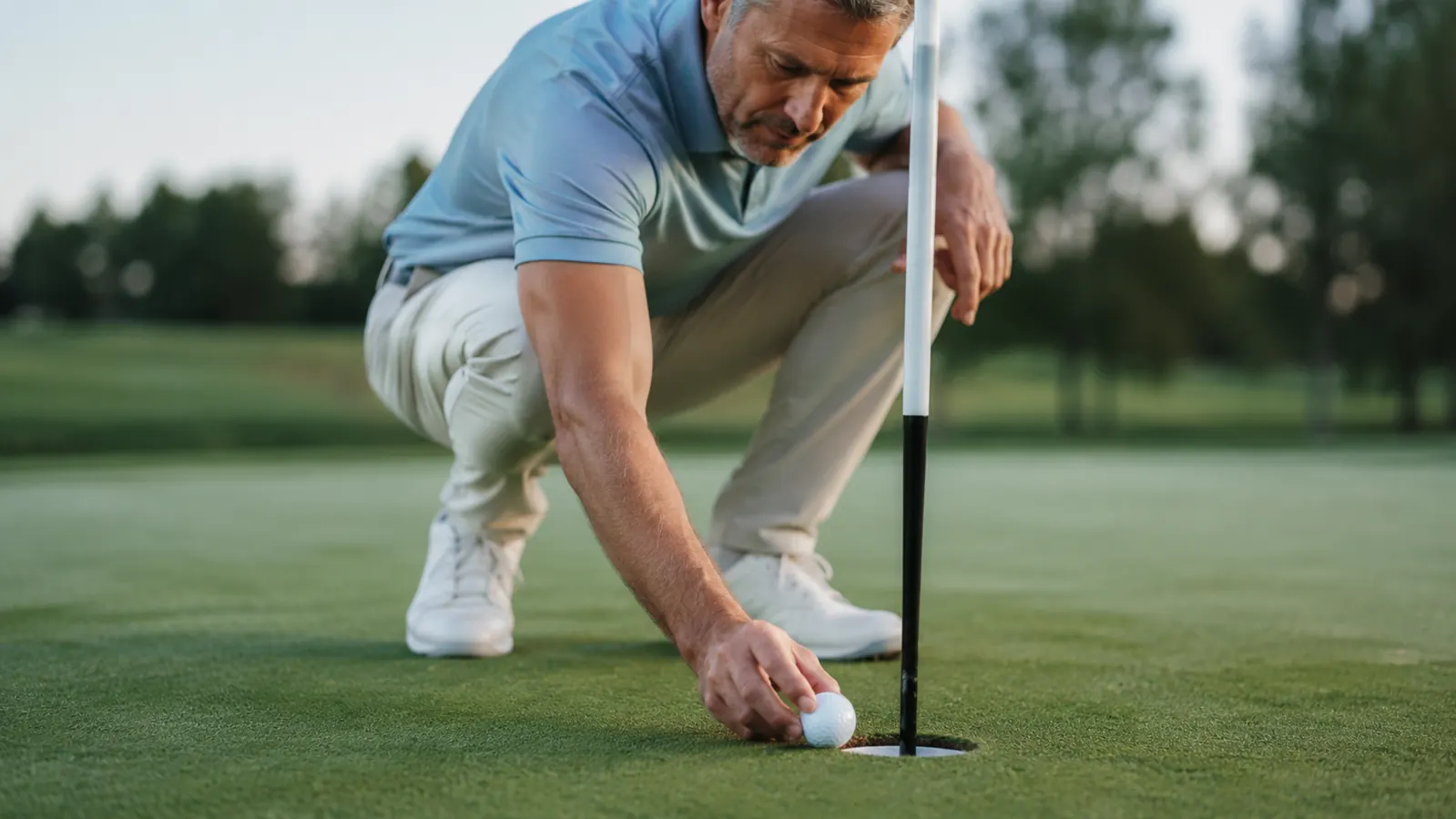A golfer's hand picking a soft golf ball out of the cup beside the flag on a green
