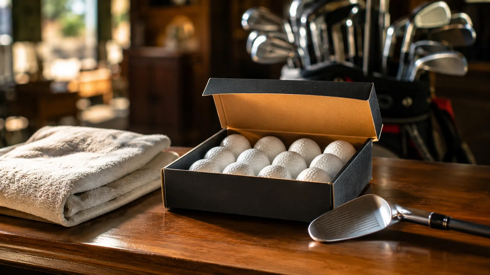 A dozen golf balls resting in a sleeve on a clubhouse counter with a towel and a wedge