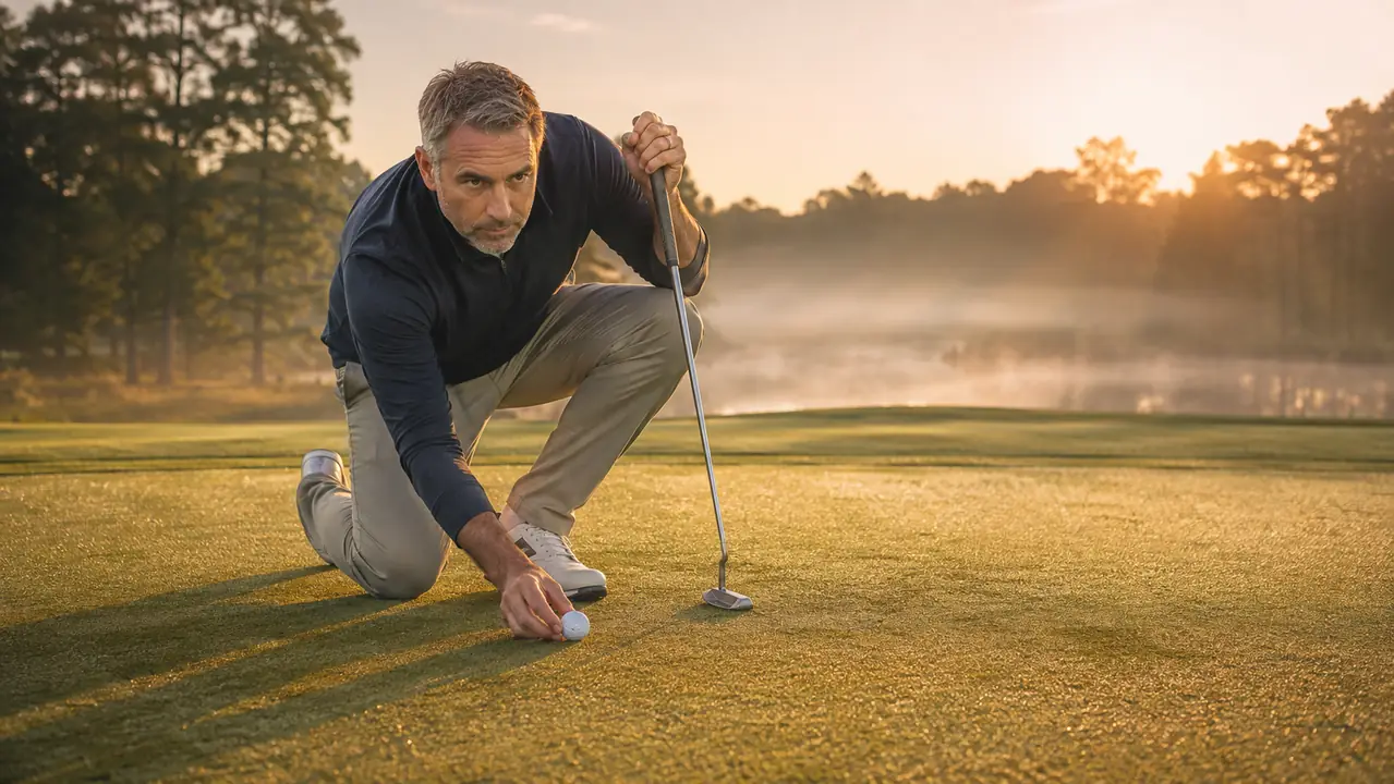 A golfer kneeling to line up a putt on a dew-soaked green at first light, the course stretching into a treeline behind him