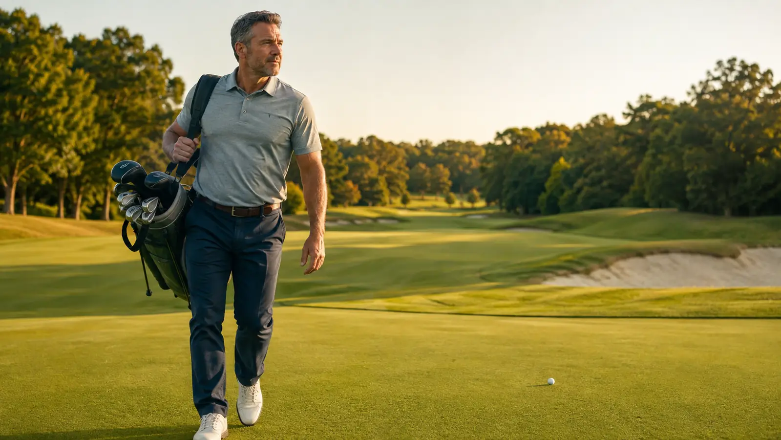 A relaxed golfer walking the fairway carrying a light stand bag, a tee shot just landed near the green