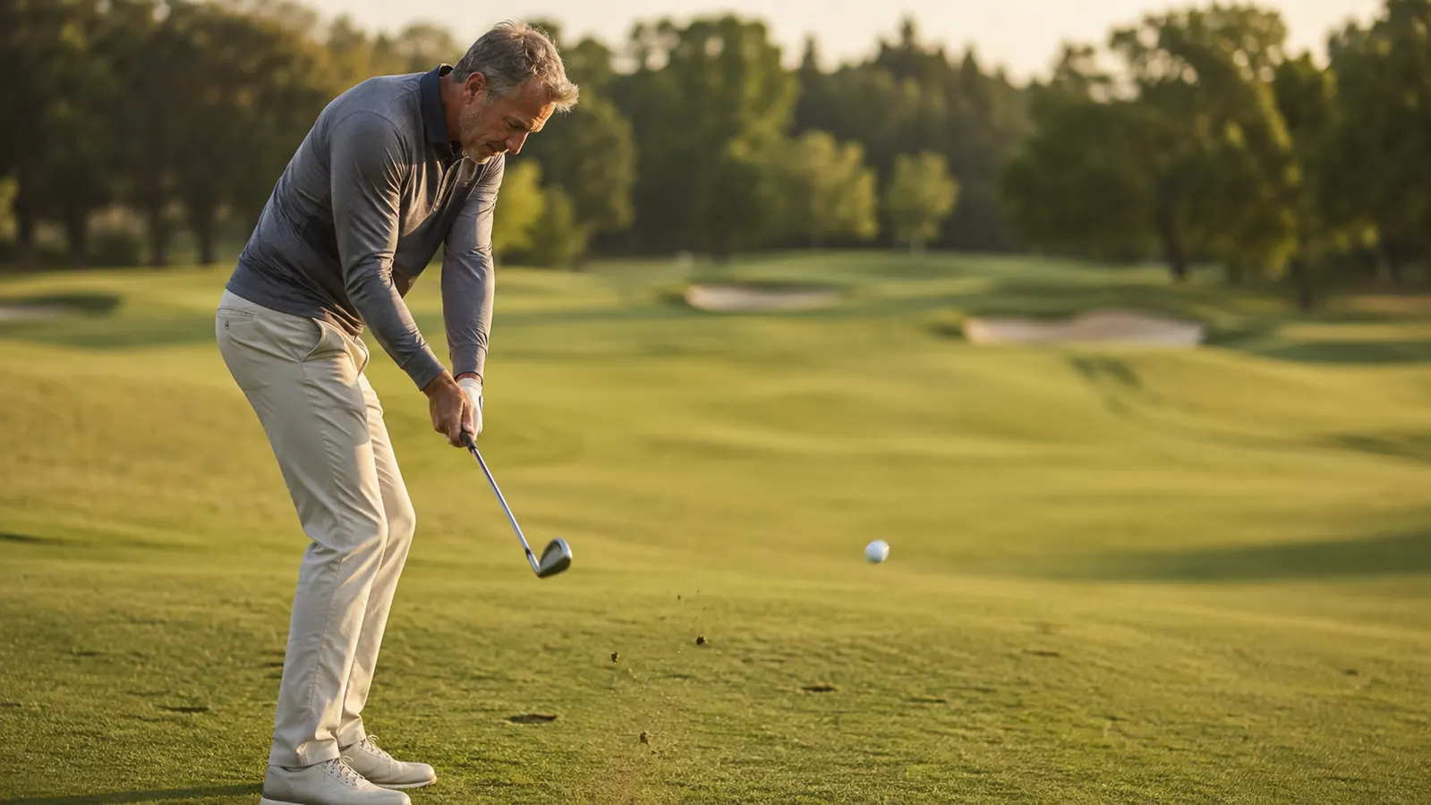 A mid-handicap golfer mid swing on a fairway at golden hour, an approach shot and a green in the distance