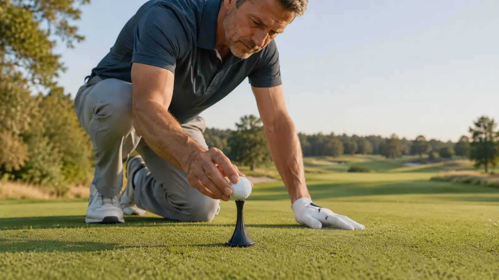 A golfer's hand placing a golf ball down onto a tee on a sunny first tee box before the opening shot