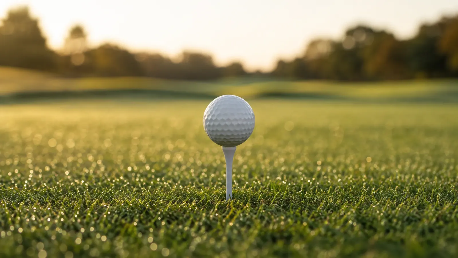 A golf ball resting on a white tee on a freshly mown fairway in soft morning light, dew on the grass