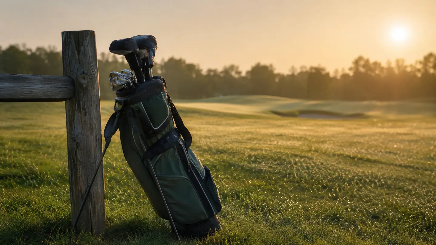 A dark green golf stand bag leaning against a cart path fence beside a morning fairway, dew on the grass, low golden light