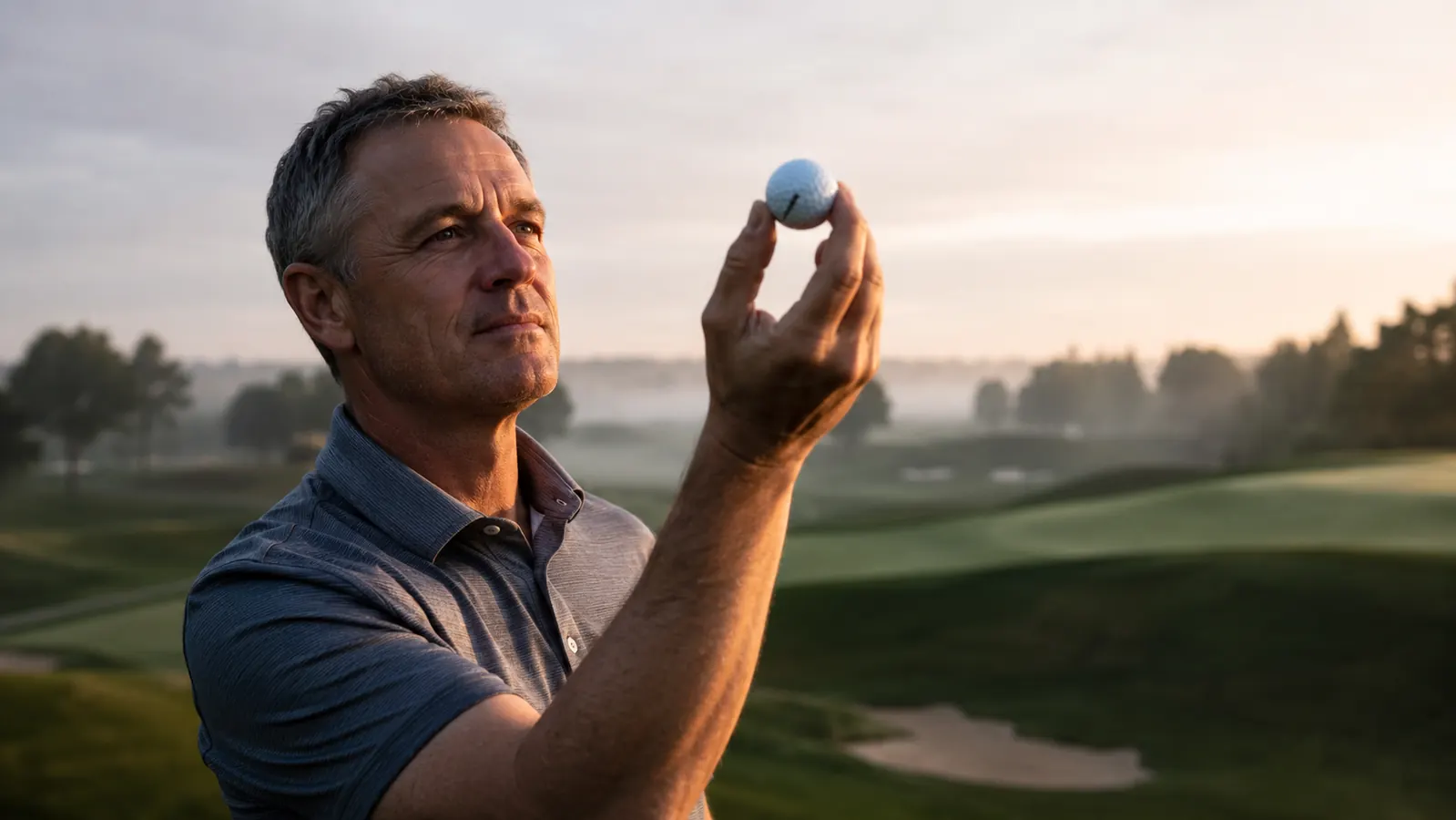 A golfer at the first tee holding a golf ball up to the light on a bright morning, mist over the fairway behind him