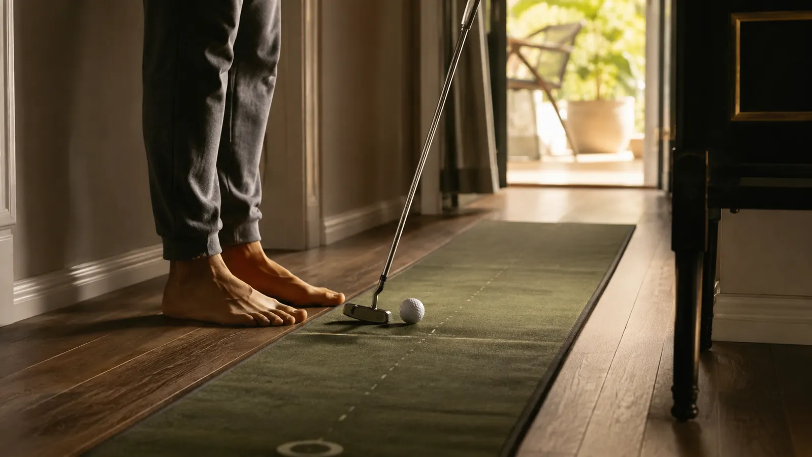 A golfer rolling a putt along a practice mat laid down in a bright home hallway, club resting nearby
