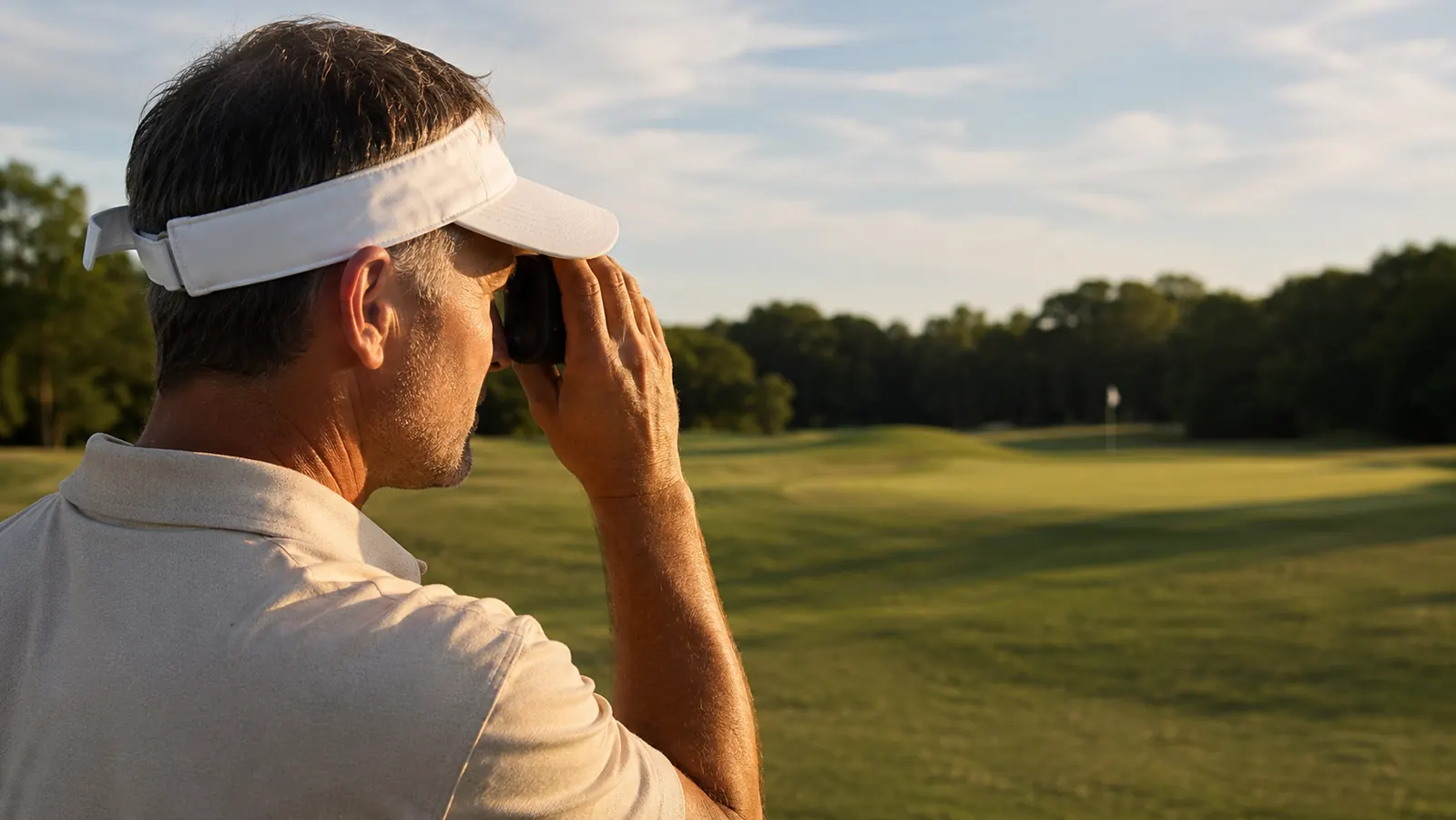 Golfer holding a laser rangefinder up toward the flag on a green at golden hour