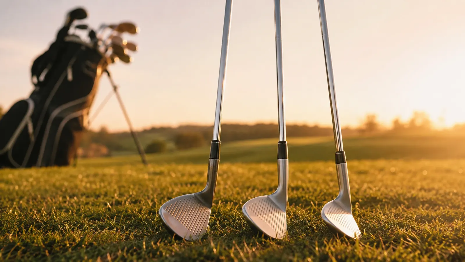 Three wedges stood up on a practice green in late-afternoon light, one resting against a golf bag in soft focus behind them
