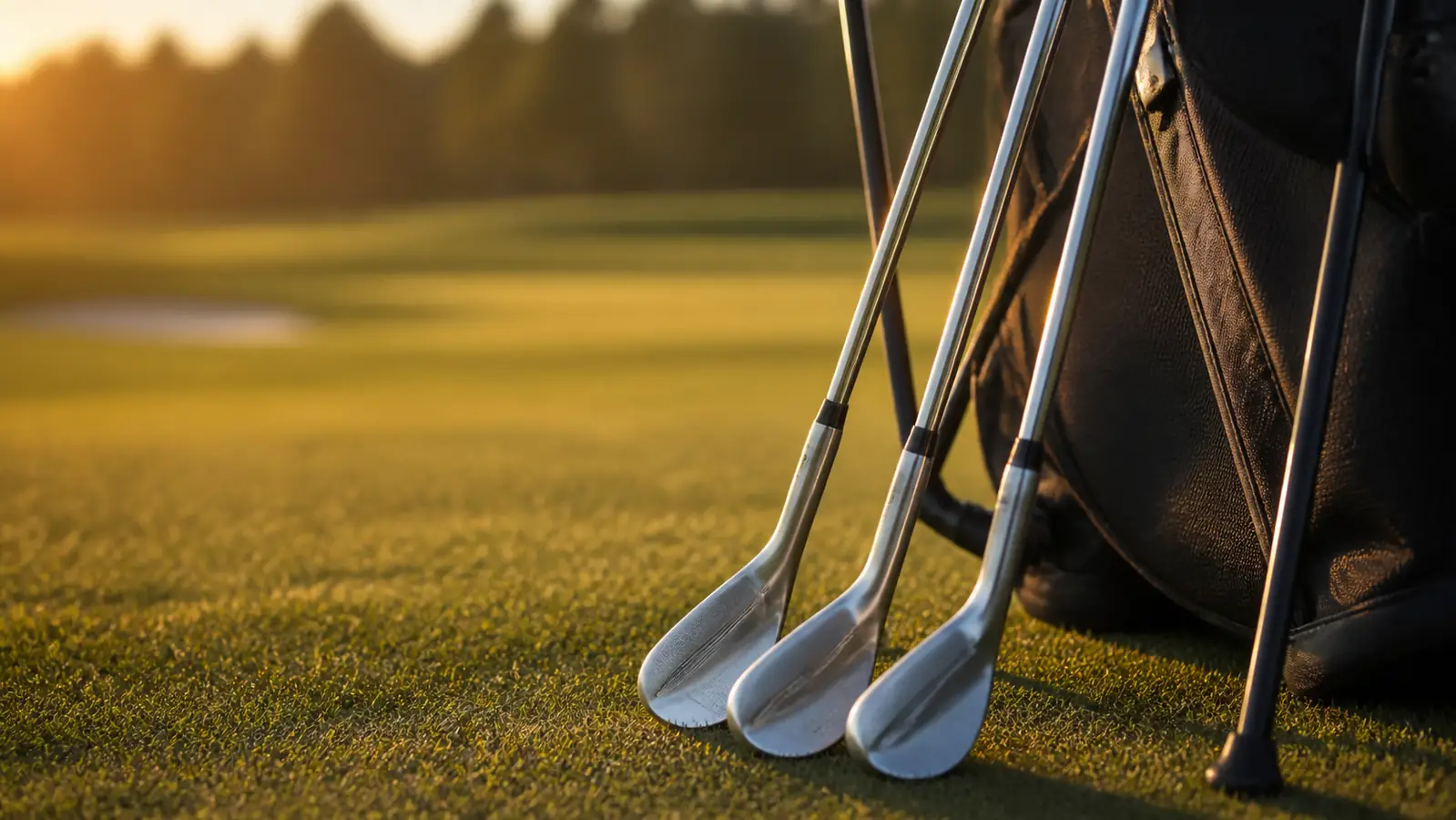 Three wedges of a matching set leaning against a golf bag in the late-afternoon light, their heads facing a practice green
