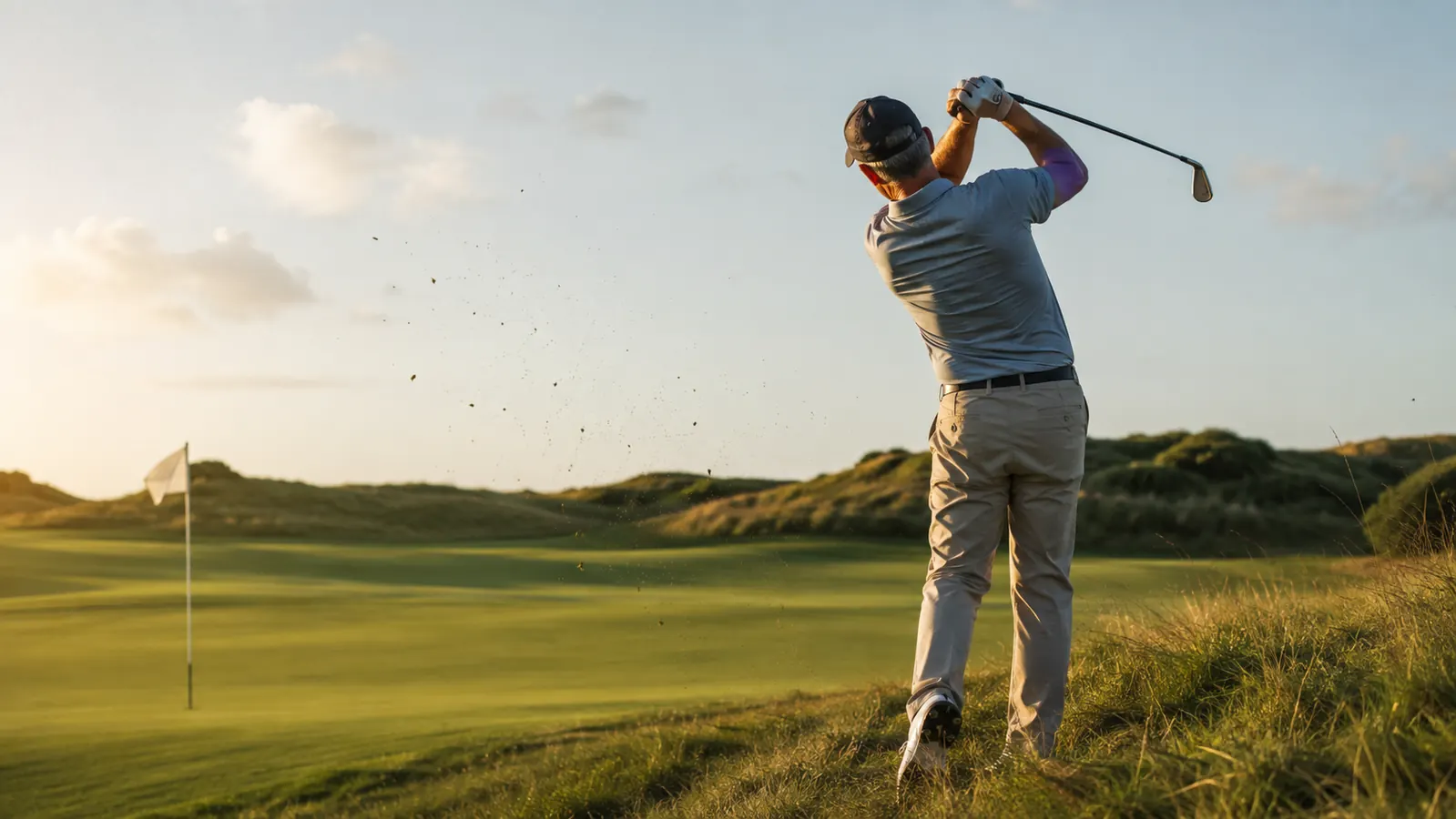 A golfer in a polo and cap finishing a pitch shot toward a flag tucked on the left edge of a wide green in late-afternoon light.