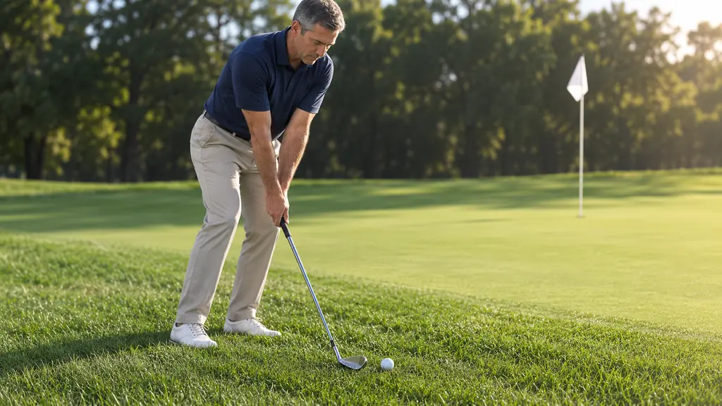 A golfer's hands gripping one of the wedges low on the handle while he chips out of light rough near the green
