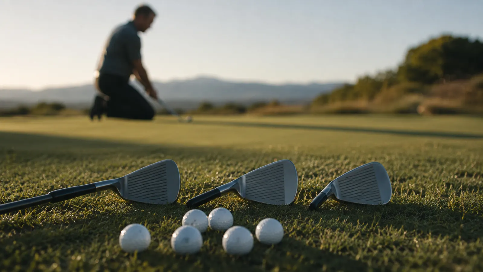 Three wedges of matching set laid out in a row across the grass by a practice green, practice balls scattered nearby
