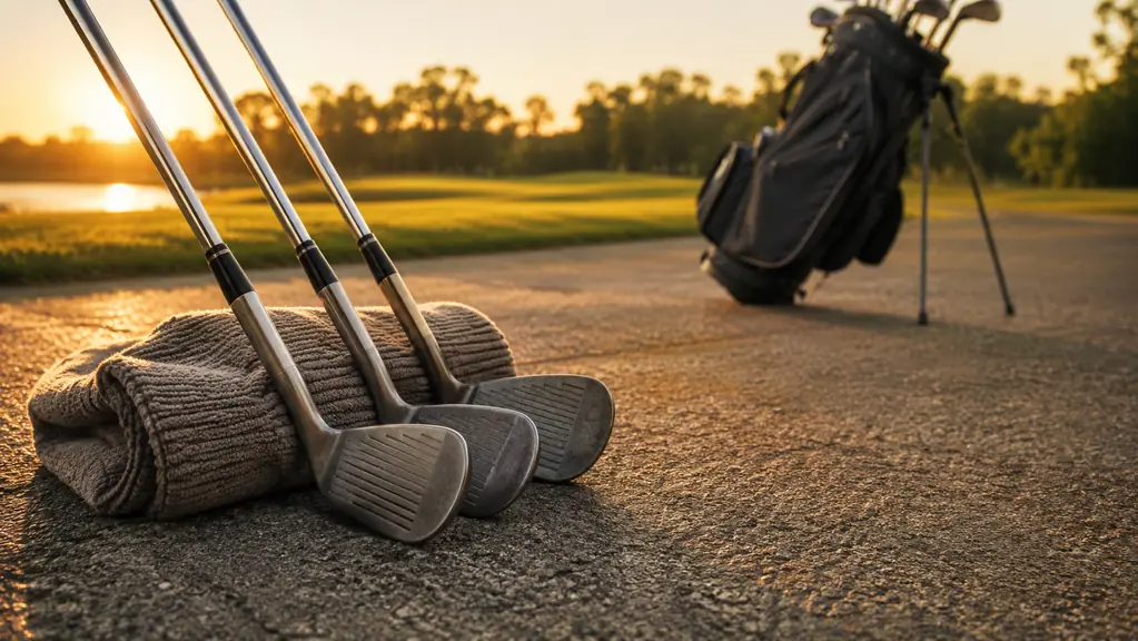 Three wedge heads resting on a folded towel on a cart path at sunset, bag leaning nearby