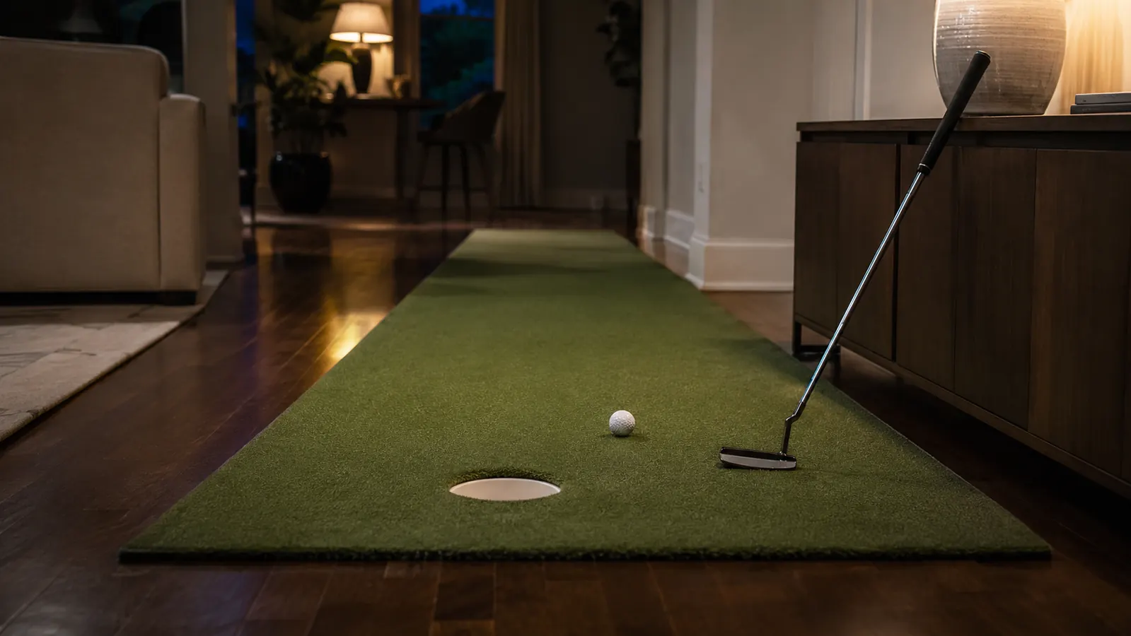 A putter standing upright on a home practice putting strip laid along a hallway, near a wall clock showing evening hours