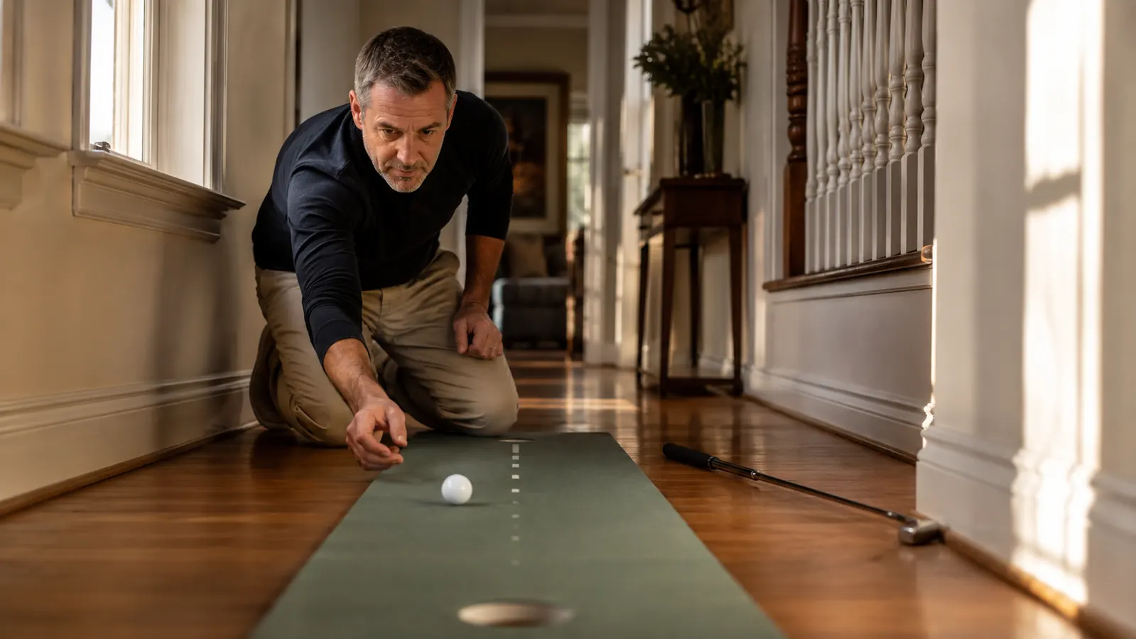 A golfer kneeling and rolling a golf ball toward the cup on a home putting mat in a bright hallway