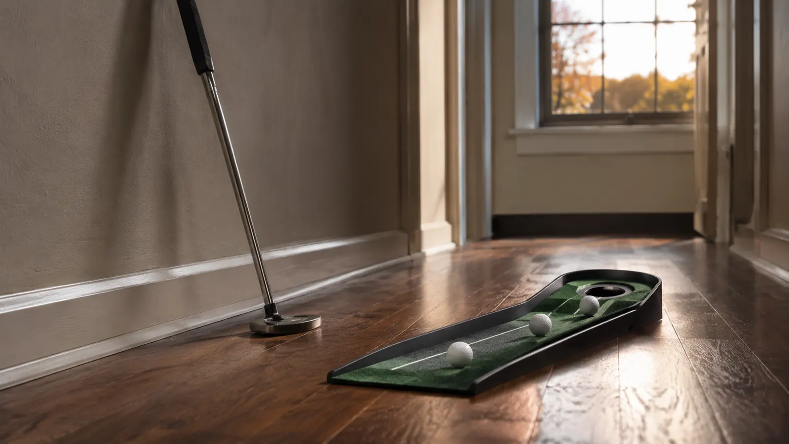 A small wall-mounted cup putting trainer set up against a skirting board in a narrow hallway