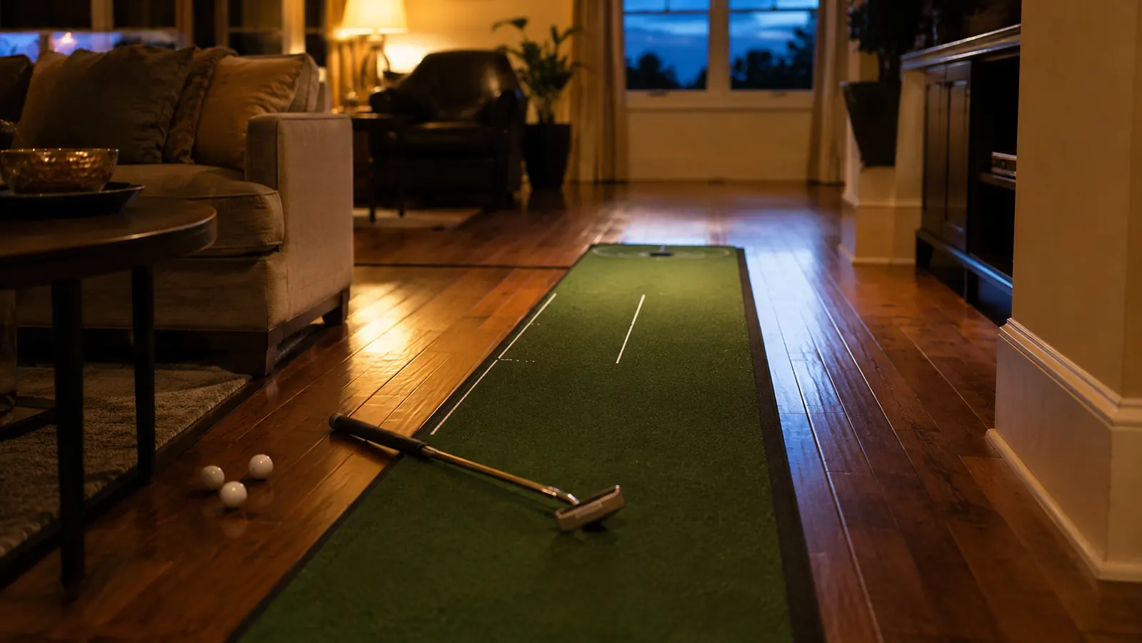 A golf putting mat rolled out across a living room floor with a cup at the far end and a putter resting on the mat