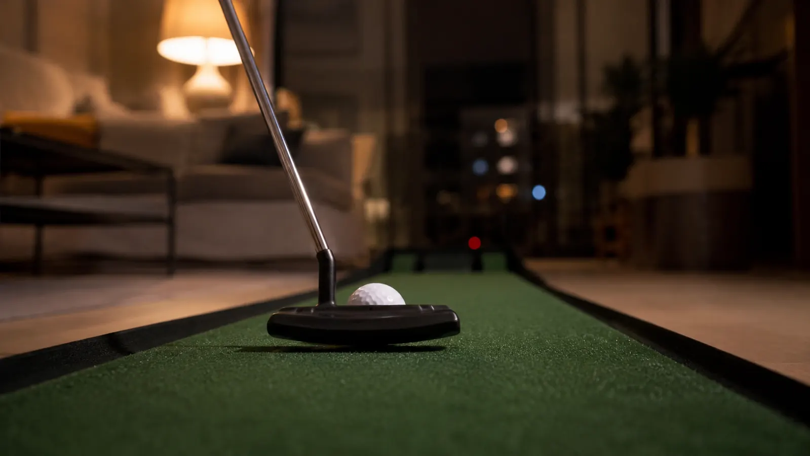 A golf putter head angled over a golf ball on a thin practice strip at home in the evening