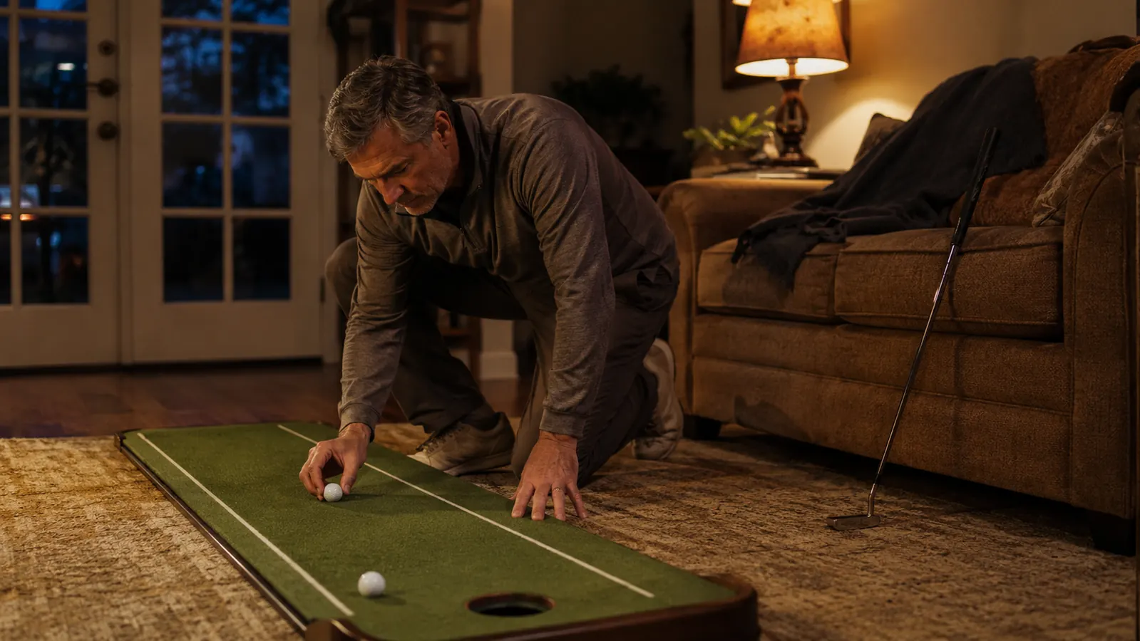 A golf putting mat laid out on a living room floor in front of a sofa, a putter resting against it in soft lamplight