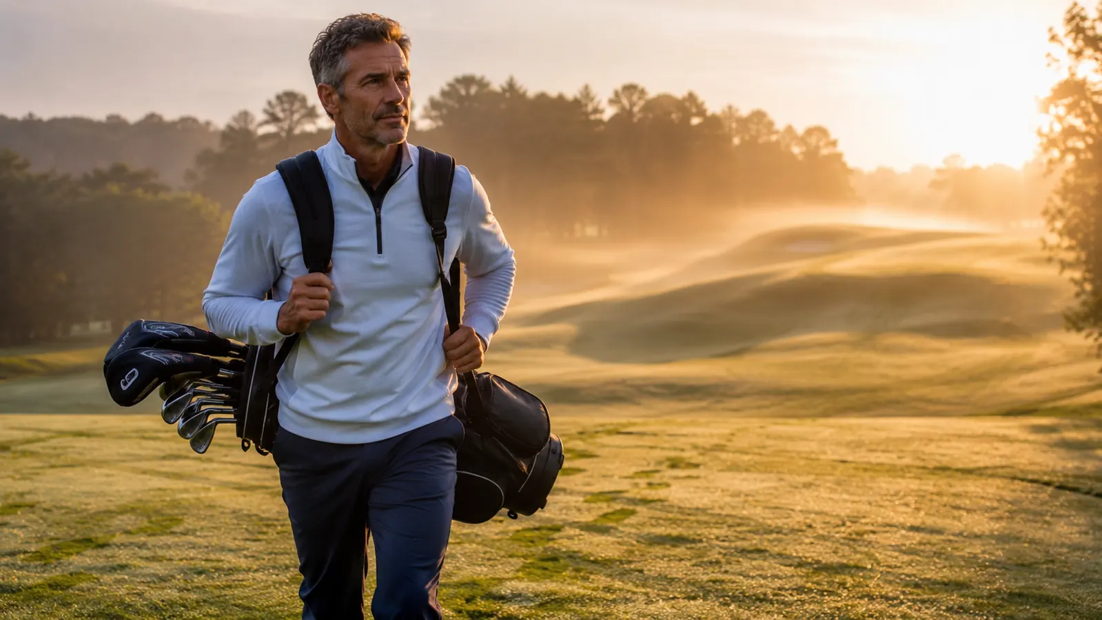 A golfer in his late 40s carrying a golf stand bag up a grassy hill on a golf course in early morning light