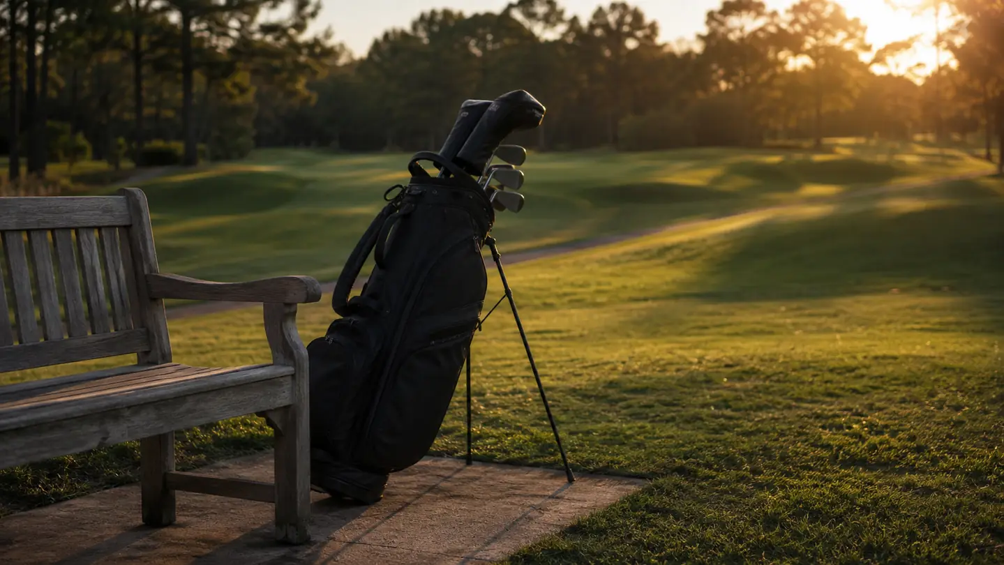 A stand bag standing upright on its legs beside a wooden bench at the 18th tee, long late-afternoon shadows stretching across the fairway