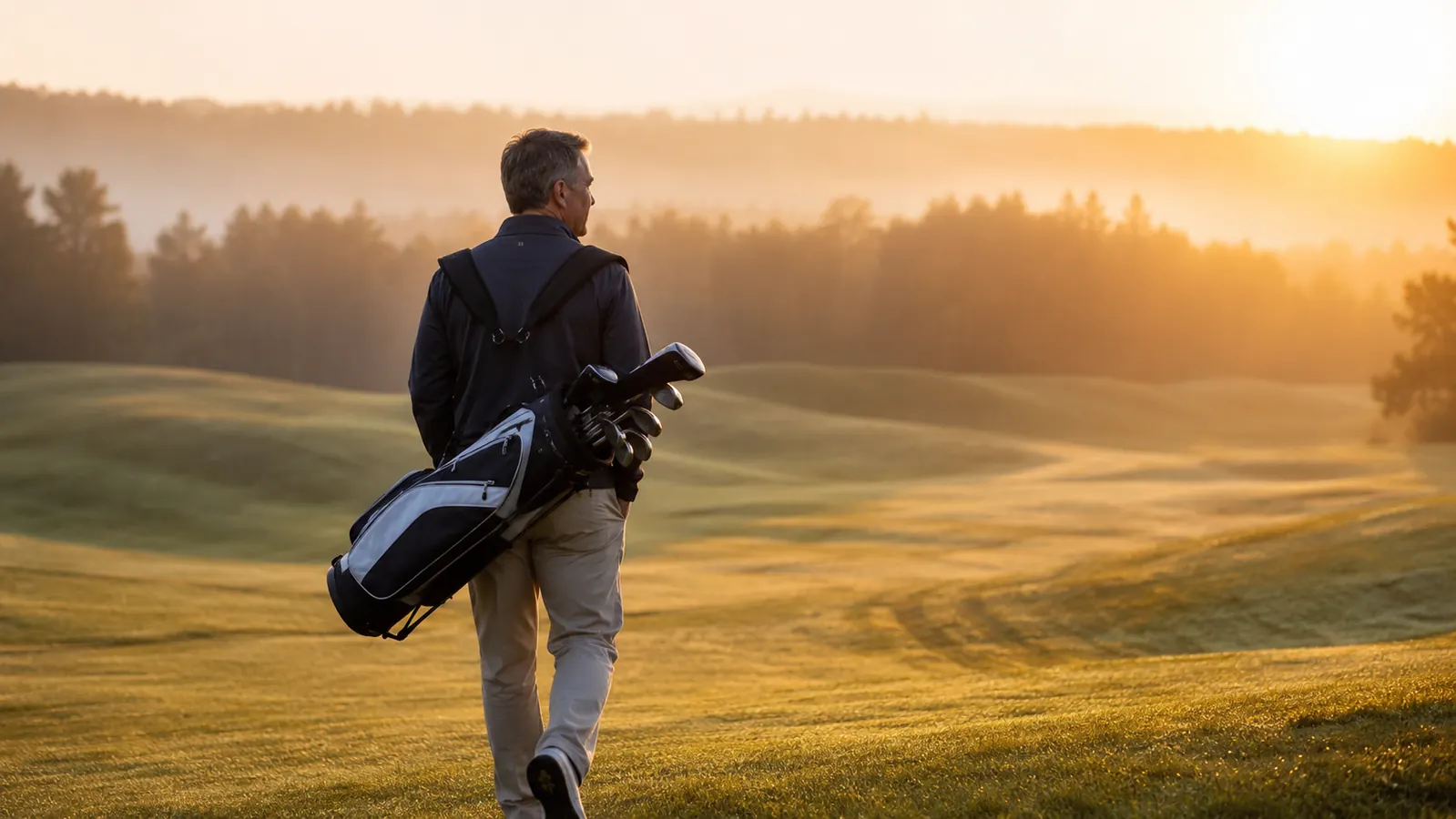 A recreational golfer in his late 40s walking up a hilly fairway at sunrise, a lightweight stand bag carried on both shoulders, soft golden light across the dew