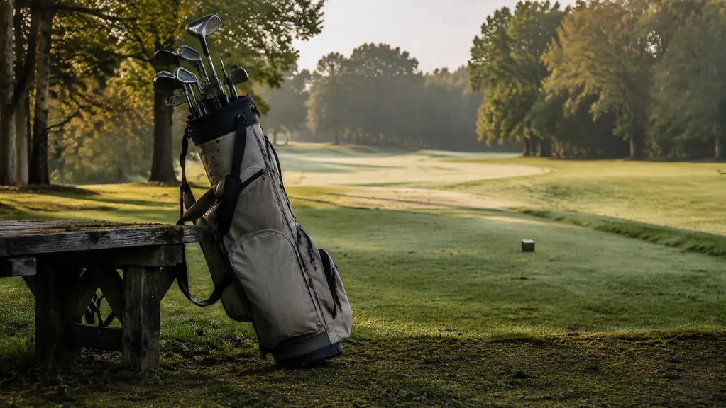A stand bag resting against a wooden bench on the first tee in soft morning light, dew on the fairway stretching behind it