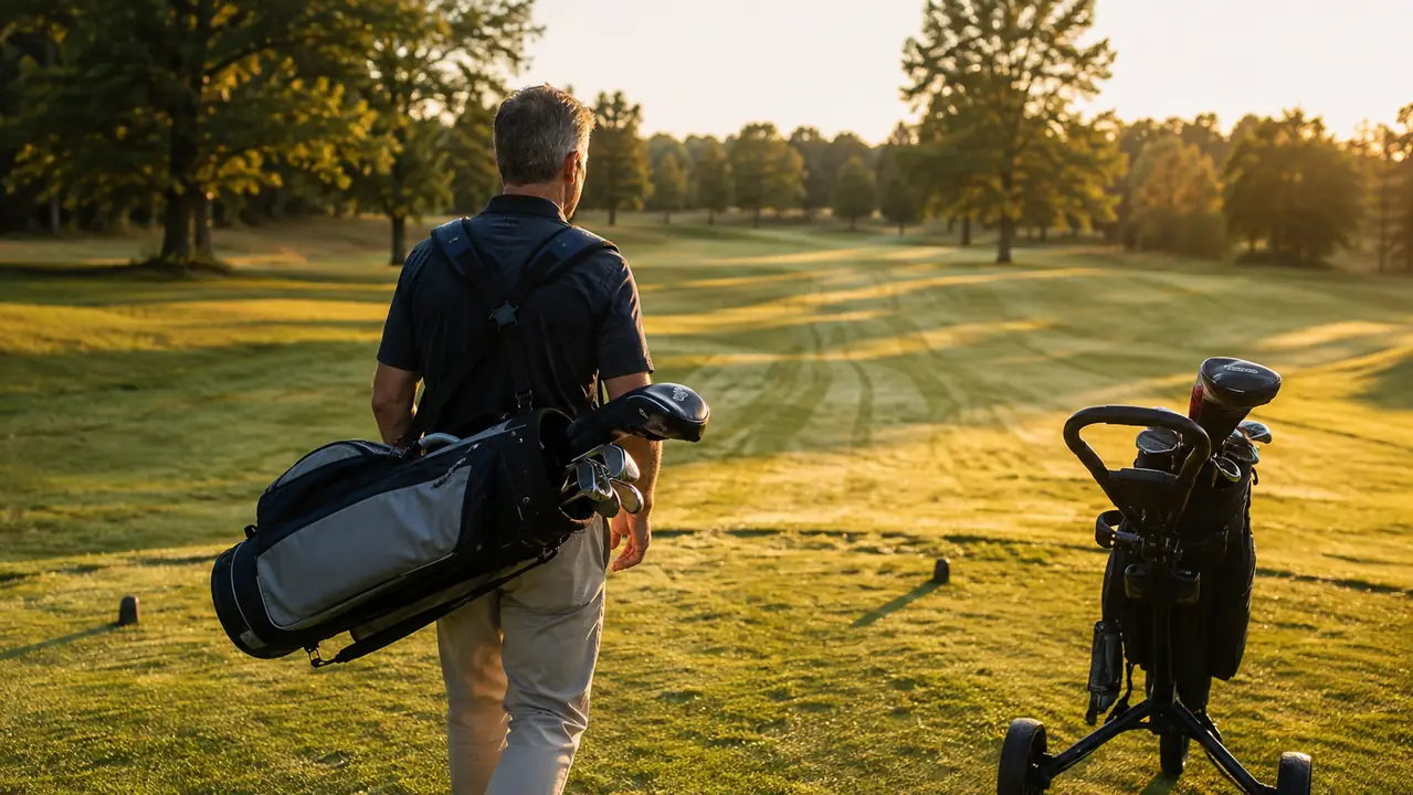 A golfer carrying a slim stand bag on both shoulders walking a dew-covered fairway at sunrise while a push cart waits at the tee